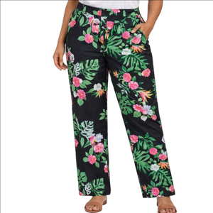 Vince Camuto Black Pink & Green Tropical Floral Leaf Print Wide Leg Pant Size 10